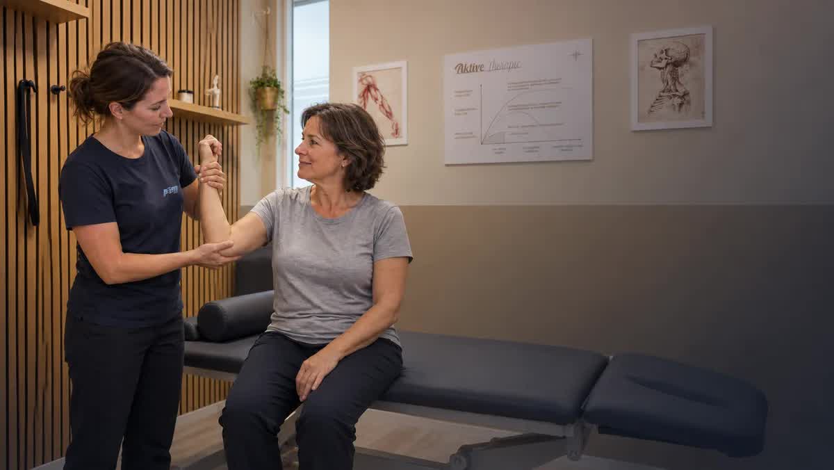Physiotherapeutin der POM MED behandelt den Arm einer Patientin, die auf der Therapieliege sitzt